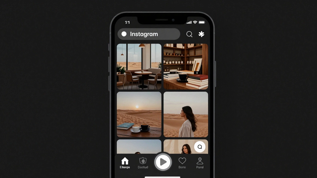 A smartphone displaying a minimalist Instagram profile with scenic Dubai photos and a messaging app open, no faces shown.
