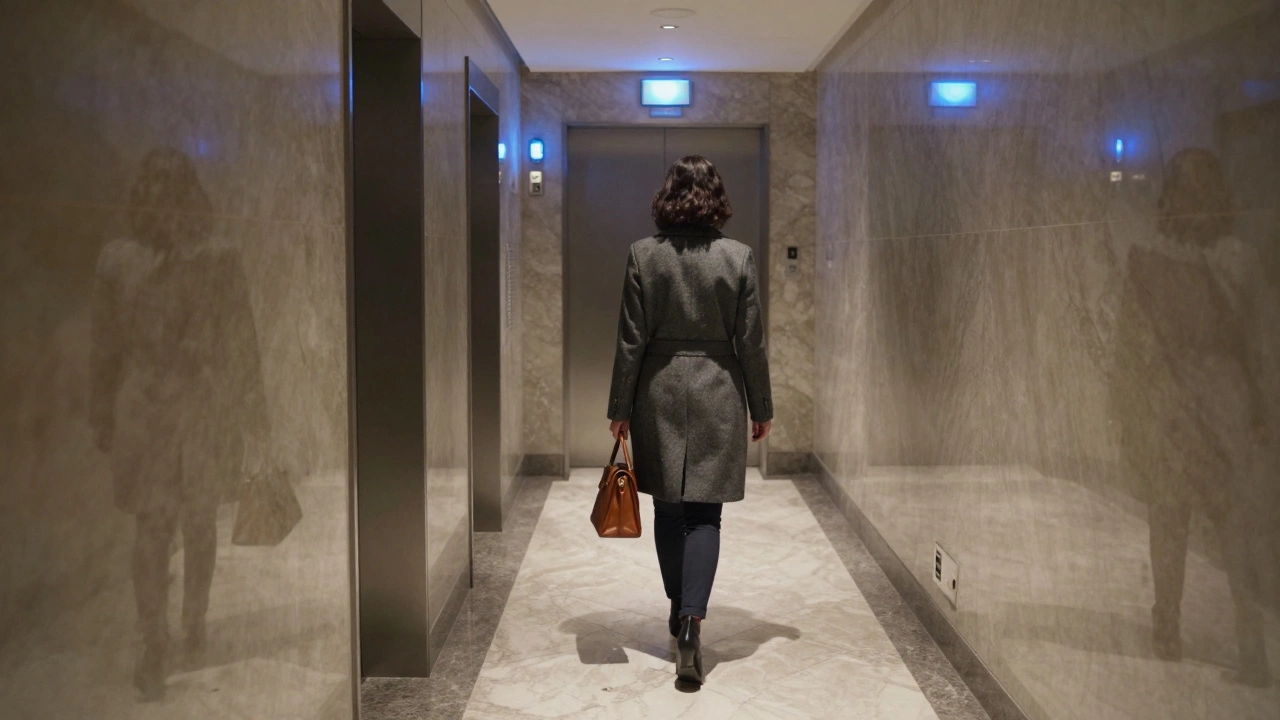 A woman walking alone down a luxurious hotel hallway at night, her reflection faint in the marble wall.