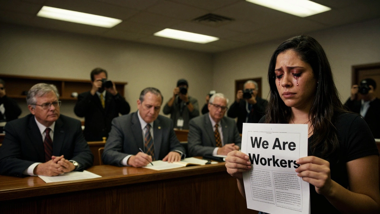 Courtroom scene with lawmakers signing bill to criminalize indoor prostitution, a worker watches in silence.